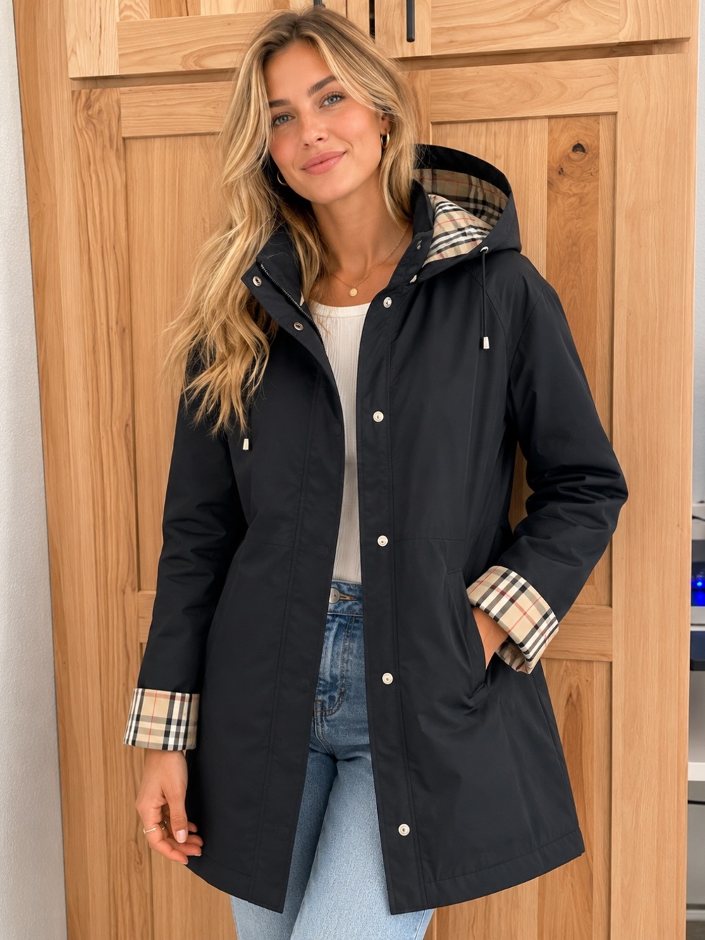 Burberry Kayla Black Hooded Trench Coat with Check Lining water repellent